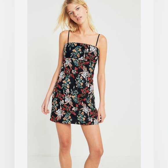 Urban Outfitters Ponte Embroidered Straight-Neck Spaghetti Strap Mini Dress - Picture 2 of 5